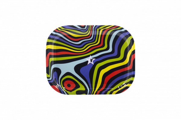 Front view of the Famous Brandz "Amnesia" Rolling Tray, displaying a swirling, colorful pattern against a solid black background.