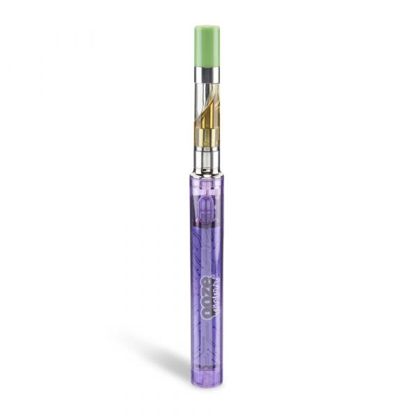 Purple and clear cannabis vape cartridge with green mouthpiece.