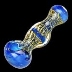 Blue glass pipe with gold filigree details.