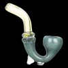 Green glass bubbler pipe with a curved mouthpiece.