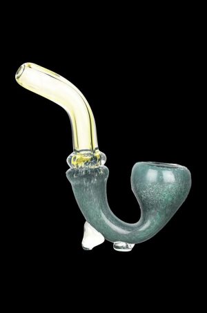 Green glass bubbler pipe with a curved mouthpiece.