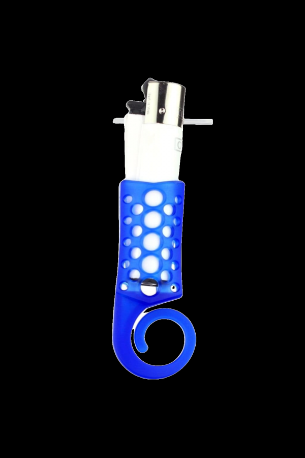 Blue glass butane lighter with bubble accents.