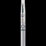 Silver cannabis vape pen with leaf detailing on a black background.