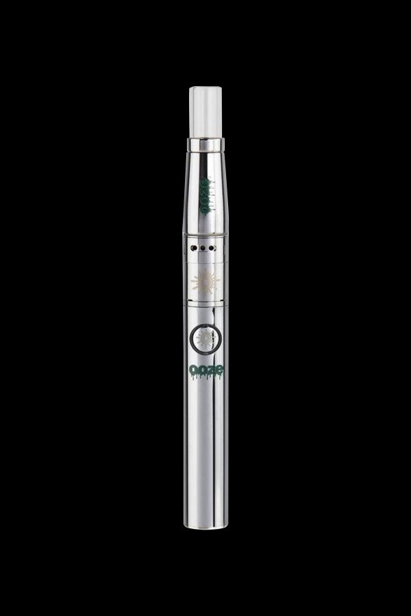 Silver cannabis vape pen with leaf detailing on a black background.