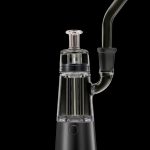 Black and clear glass electronic dab rig with a curved mouthpiece.