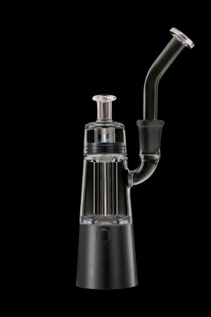Black and clear glass electronic dab rig with a curved mouthpiece.