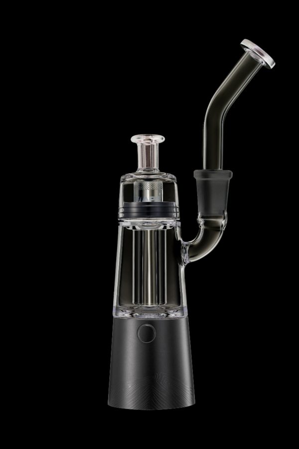 Black and clear glass electronic dab rig with a curved mouthpiece.