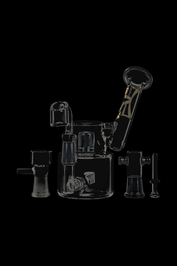 A studio shot of the Evolution Morning Glory Sidecar Dab Rig, showcasing its curved neck and clear glass construction.