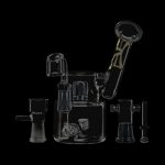 Front view of the Evolution Morning Glory Sidecar Dab Rig, showcasing the clear glass rig’s curved design and sidecar attachment.