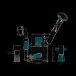 A straight-on view of the Evolution Morning Glory Sidecar Dab Rig, showcasing its clear glass construction and compact design.