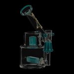 A three-quarter view of the Evolution Morning Glory Sidecar Dab Rig, showcasing its clear glass construction and unique sidecar attachment.