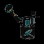 A studio shot of the Evolution Morning Glory Sidecar Dab Rig, showcasing its curved form and clear glass construction from a low angle.