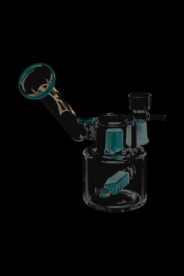 A studio shot of the Evolution Morning Glory Sidecar Dab Rig, showcasing its curved glass and sidecar attachment.