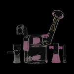 A side view of the Evolution Morning Glory Sidecar Dab Rig, highlighting its clear glass construction and unique curved design.