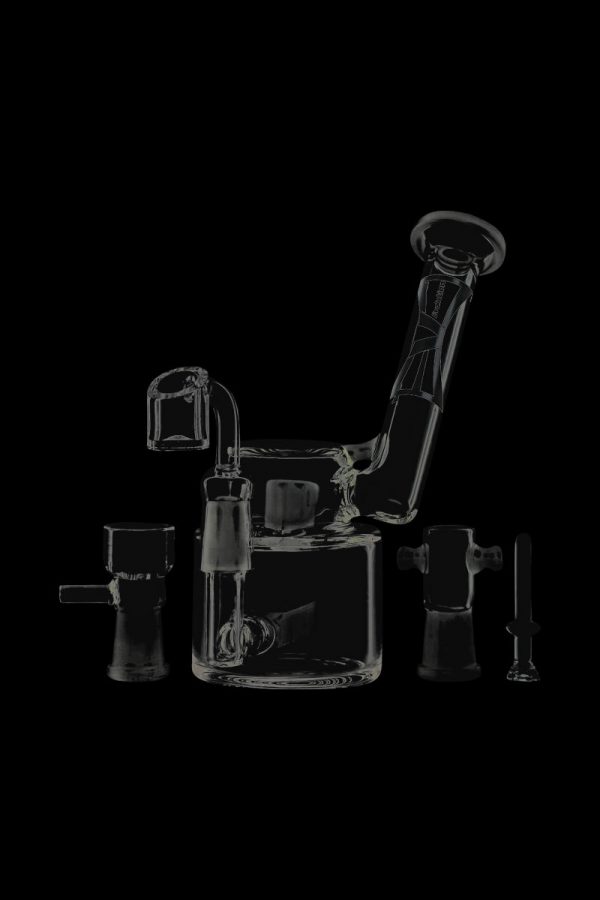 A three-quarter view of the Evolution Morning Glory Sidecar Dab Rig, showcasing its clear glass construction and unique sidecar attachment.