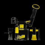 A studio shot of the Evolution Morning Glory Sidecar Dab Rig, showcasing its curved glass and sidecar attachment.