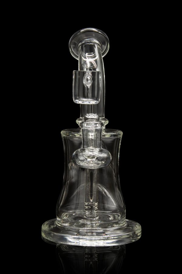 Clear glass water pipe (rig) with intricate design, isolated on a black background.