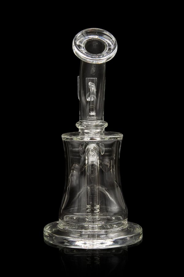 Clear glass dab rig with intricate design, isolated on black.