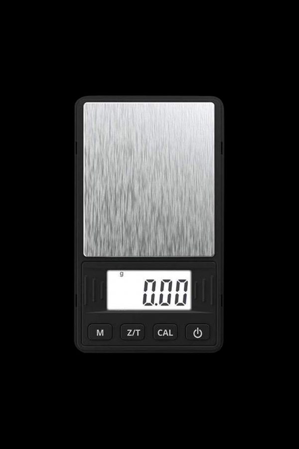 Front view of the Truweigh Riot Scale, displaying a digital readout on its black, compact surface.