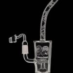 Front view of the Cheech & Chong "Maui Waui" Dab Rig, a clear glass rig with a curved neck and visible joint, set against a black background.
