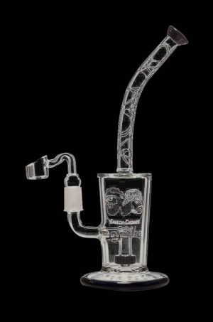 Front view of the Cheech & Chong "Maui Waui" Dab Rig, a clear glass rig with a curved neck and visible joint, set against a black background.