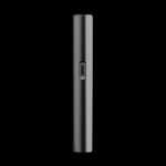 Sleek, silver cannabis vape pen isolated on a black background.