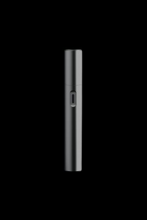 Sleek, silver cannabis vape pen isolated on a black background.