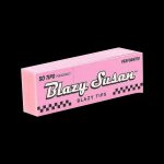 Pink booklet of “Blazy Susan” rolling tips with checkered border, isolated on a black background.