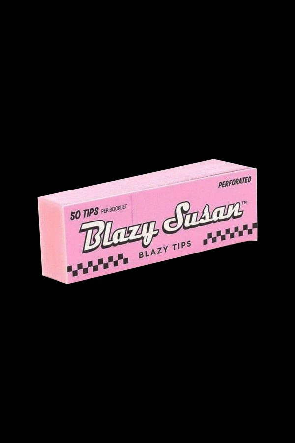 Pink booklet of “Blazy Susan” rolling tips with checkered border, isolated on a black background.