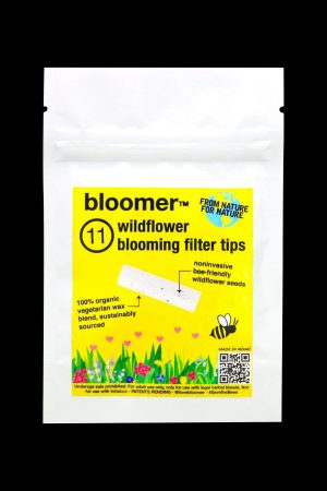 Packaging for “Bloomer” wildflower seed filters, promoting bee-friendly, organic cannabis accessories.