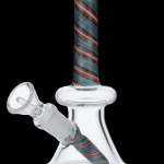 Clear glass bong with red and green striped accents.