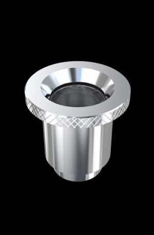 Silver cannabis concentrate container with textured grip.