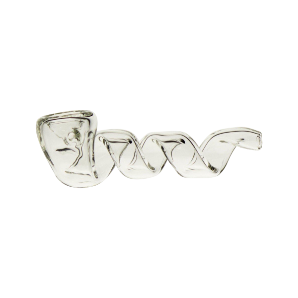 A side view of the Twisted Glass Hand Pipe, featuring a curved, clear glass design against a plain white background.