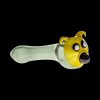 A side view of the Yellow Dog Glass Spoon Pipe, showcasing its curved shape and glossy yellow finish.