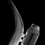 Sleek, modern cannabis water pipe with a curved glass neck and black base.