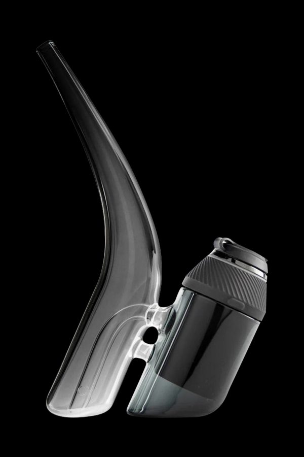 Sleek, modern cannabis water pipe with a curved glass neck and black base.