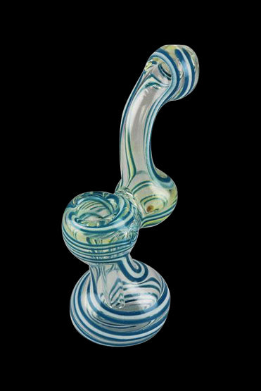 A front view of the Swirl Stripped Mini Bubbler Glass Pipe, showcasing the swirling, stripped glass design.