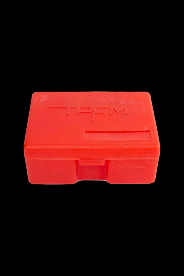 Red cannabis storage box with “TPFM” logo.