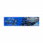 A close-up of the packaging for Juicy Jay's King Size Blueberry Rolling Papers, featuring a vibrant blue background.