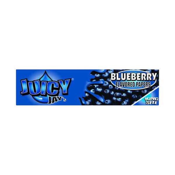 A close-up of the packaging for Juicy Jay's King Size Blueberry Rolling Papers, featuring a vibrant blue background.