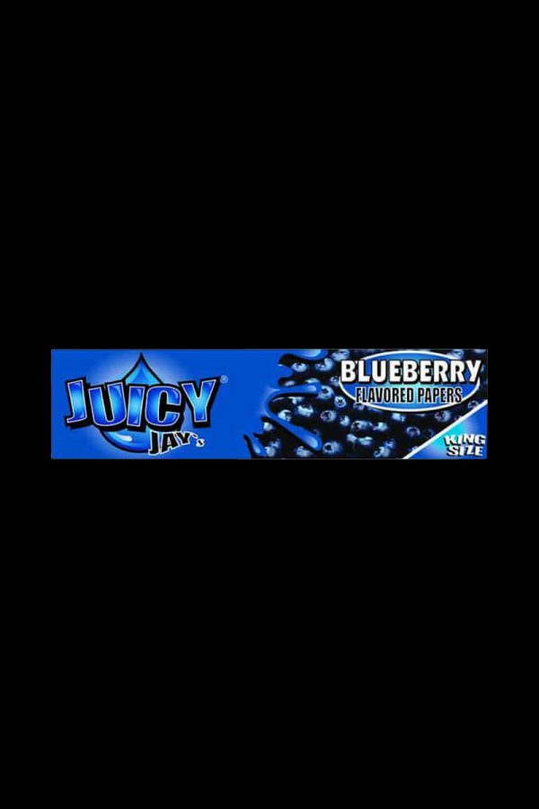 A close-up of the packaging for Juicy Jay's King Size Blueberry Rolling Papers, displaying a vibrant blue design.