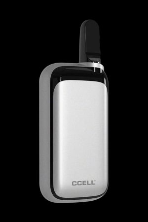 Silver CCELL palm vaporizer with a black cartridge attached.