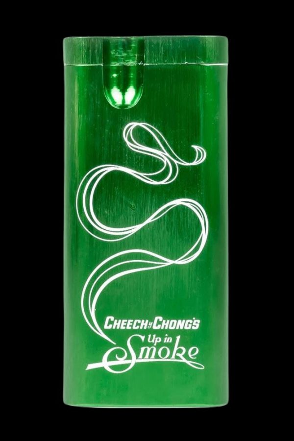 Green glass pipe with a white spiral design and “Cheech & Chong’s Up in Smoke” text.