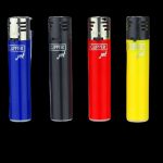 Four colorful Clipper lighters—blue, black, red, and yellow—displayed against a black background.
