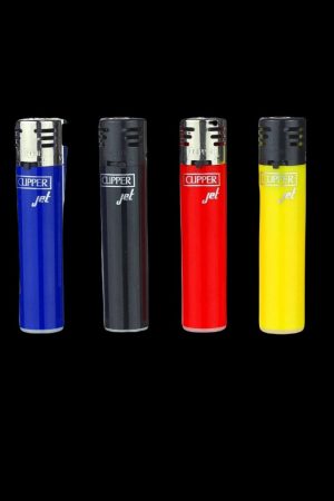Four colorful Clipper lighters—blue, black, red, and yellow—displayed against a black background.