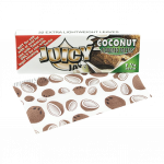 A stack of Juicy Jay's 1 1/4 Coconut Rolling Papers with a brightly colored decorative design, viewed from a slight angle.