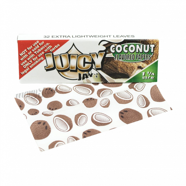 A stack of Juicy Jay's 1 1/4 Coconut Rolling Papers with a brightly colored decorative design, viewed from a slight angle.