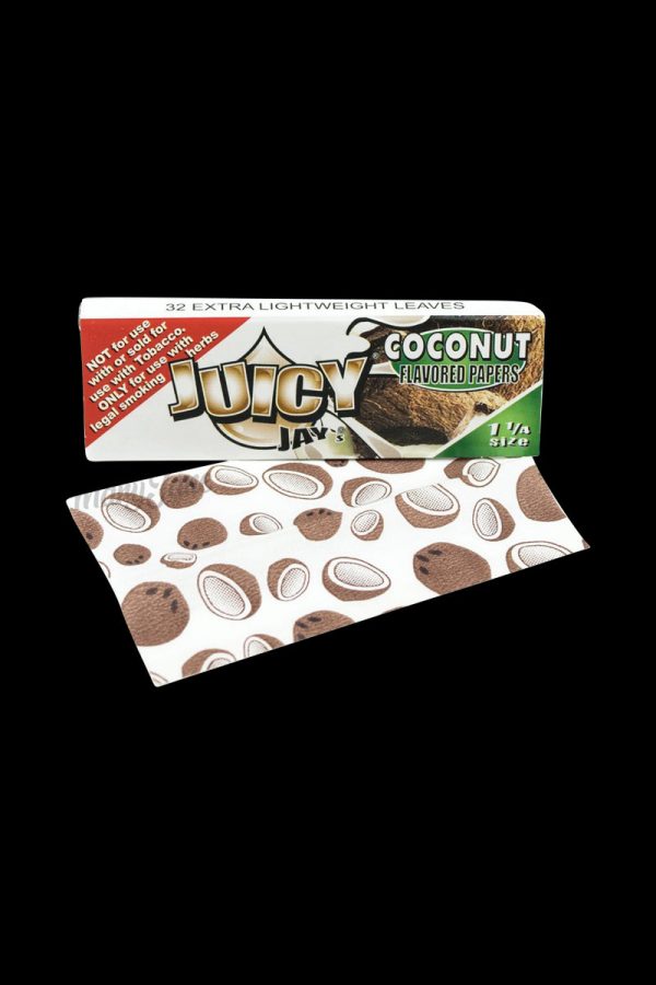 A close-up of Juicy Jay's 1 1/4 Coconut Rolling Papers package with a colorful design, angled slightly to showcase the branding.