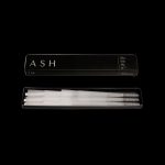 Pack of pre-rolled cannabis cones with minimalist black and white packaging, branded "ASH."