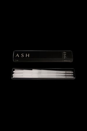 Pack of pre-rolled cannabis cones with minimalist black and white packaging, branded "ASH."